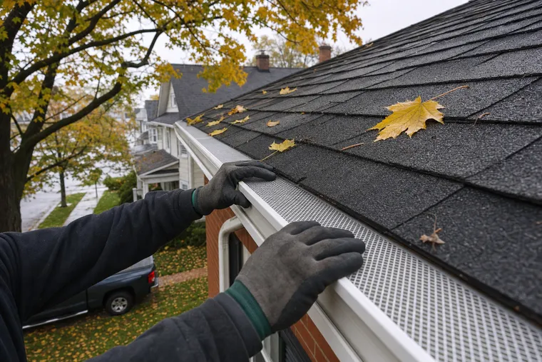 Gloved hands pressing a section of micro-mesh gutter guard under the shingle drip edge on a clean white gutter, maple leaves resting on the finished mesh