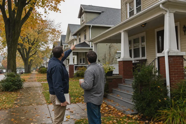 Technician and homeowner on a Lakewood front walk looking up at the gutter line while discussing a written quote