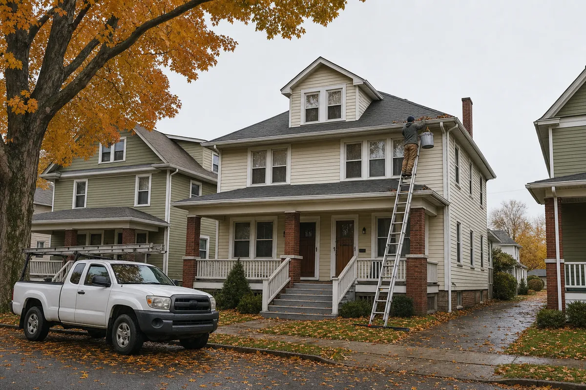 Gutter technician on a ladder cleaning the front gutter of a two-and-a-half story Lakewood double under a maple in fall