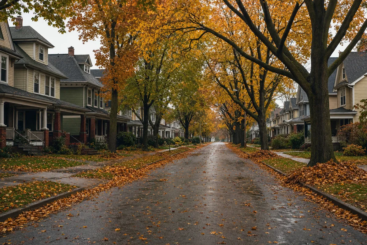 Quiet Lakewood street of two-and-a-half story wood-frame houses under maples in full fall color, leaf piles at the curb
